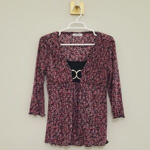 Y2k 90s Babydoll Top Small Pink Black Geometric Retro Accordian 3/4 Sleeves